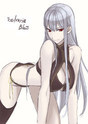 Rule 34 | 00s, 1girl, all fours, bare shoulders, bikini, black thighhighs, breasts, butt crack, cleavage, cleavage cutout, clothing cutout, female focus, hanging breasts, large breasts, legs, long hair, red eyes, selvaria bles, senjou no valkyria, senjou no valkyria (series), senjou no valkyria 1, side-tie bikini bottom, silver hair, single thighhigh, solo, swimsuit, tetsu (kimuchi), thighhighs, thighs, very long hair, white background