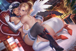 Rule 34 | 2girls, anus, arched back, ass, bare shoulders, belt boots, black gloves, black hair, black legwear, blonde hair, blue eyes, blue panties, boots, bottomless, box, braid, breasts, christmas tree, cleavage, cleft of venus, collar, cross-laced footwear, dark-skinned female, dark skin, dutch angle, egyptian, elbow gloves, eye of horus, facial tattoo, fireplace, fishnet legwear, fishnets, gift, gift box, gloves, gtunver, hair bobbles, hair ornament, hair tie, high heel boots, high heels, high ponytail, indoors, interlocked fingers, kneeling, lace-up boots, large breasts, long hair, looking at viewer, mercy (overwatch), multiple girls, night, no bra, open mouth, overwatch, overwatch 1, pale skin, panties, pharah (overwatch), ponytail, purple eyes, shoe soles, shoes, side-tie panties, side braids, sideboob, sitting, spread legs, spread wings, tattoo, teeth, thighhighs, thighs, tongue, topless, uncensored, underwear, wariza, white gloves, white legwear, white panties, window, wings, yuri