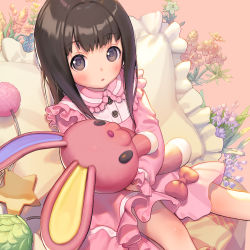 Rule 34 | 1girl, artist request, blush, brown hair, dress, flat chest, highres, legs, long hair, looking at viewer, pillow, sitting, solo, star (symbol), stuffed animal, stuffed rabbit, stuffed toy, tagme