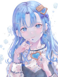 Rule 34 | 1girl, absurdres, blue bow, blue eyes, blue flower, blue gemstone, blue hair, blue nails, blue theme, bow, bracelet, closed mouth, commentary, cookie, ear piercing, earrings, english commentary, fingernails, flower, food, frilled shirt collar, frills, gem, hair bow, hair ornament, hairclip, heart, heart print, highres, holding, holding cookie, holding food, ice, ice cube, jewelry, long hair, long sleeves, looking at viewer, melting, nail polish, original, parted bangs, piercing, powa (36iii), print shirt, ring, shirt, solo, tongue, tongue out, upper body, water, white background, white shirt