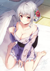 Rule 34 | 1girl, ahoge, alternate costume, alternate hairstyle, barefoot, blush, breasts, cleavage, closed mouth, collarbone, commentary request, dress, flower, full body, grey hair, hair flower, hair ornament, highres, indoors, kishin sagume, large breasts, looking at viewer, niko kusa, purple dress, red eyes, short hair, single wing, sitting, smile, solo, touhou, variant set, wariza, wings