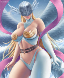 Rule 34 | 1girl, adapted costume, angel, angel girl, angewomon, asymmetrical bodysuit, asymmetrical clothes, asymmetrical legwear, belt, breasts, cleavage, clothing cutout, curvy, digimon, gloves, helmet, lips, long hair, mask, multiple wings, navel cutout, revealing clothes, single glove, smile, solo, thong, very long hair, wings