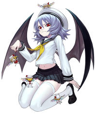 Rule 34 | &gt;:), &gt;:o, 5girls, :o, arms up, back, bat wings, biting, black footwear, black skirt, black wings, blonde hair, blouse, bow, climbing, clone, closed mouth, collared shirt, crystal, fangs, fingernails, fkey, flandre scarlet, flat chest, four of a kind (touhou), full body, hair between eyes, hand on own hip, hat, hat ribbon, highres, holding, looking at viewer, midriff peek, mini person, minigirl, miniskirt, mob cap, multiple girls, nail polish, navel, neckerchief, no pupils, on head, one side up, open mouth, outstretched arms, pale skin, person on head, picking up, pleated skirt, red eyes, red nails, red skirt, red vest, remilia scarlet, ribbon, sailor hat, school uniform, serafuku, sharp fingernails, shirt, shoes, short hair, short sleeves, silver hair, simple background, sitting, skirt, skirt set, slit pupils, smile, spread arms, spread legs, standing, stomach, striped, thighhighs, touhou, v-shaped eyebrows, vest, w arms, wariza, white background, white bow, white hat, white shirt, wings, zettai ryouiki