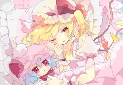 Rule 34 | 1girl, blonde hair, bow, character doll, commentary request, crystal, damaged, flandre scarlet, frills, hat, hat bow, highres, long hair, lying, mob cap, nikorashi-ka, on side, one eye closed, pillow, red bow, red eyes, short sleeves, side ponytail, solo, stuffing, touhou, under covers, upper body, wings, wrist cuffs