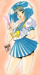 Rule 34 | 1980s (style), 1girl, arm behind back, asuka 120 percent, blue hair, blue sailor collar, blue skirt, bow, brown eyes, commentary, danmakuman, dated, english commentary, gradient background, hair bow, hair ribbon, highres, holding, holding test tube, honda asuka, miniskirt, mixed-language commentary, neckerchief, oldschool, open mouth, pleated skirt, puffy short sleeves, puffy sleeves, retro artstyle, ribbon, sailor collar, school uniform, serafuku, shirt, short sleeves, signature, skirt, solo, standing, teeth, test tube, upper teeth only, white shirt, yellow bow, yellow neckerchief, yellow ribbon