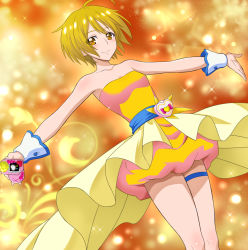 Rule 34 | 1girl, ahoge, blonde hair, breasts, brown eyes, cleavage, closed mouth, collarbone, cosplay, cure etoile, cure etoile (cosplay), dress, hair between eyes, holding, hugtto! precure, kagayaki homare, looking at viewer, orange dress, outstretched arms, precure, short dress, short hair, sleeveless, sleeveless dress, small breasts, smile, solo, sparkle, star (symbol), strapless, strapless dress, tawashi (tawashisan), thigh strap, yellow background