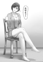 Rule 34 | 1girl, barefoot, breasts, chair, cleavage, cup, feet, hand on own thigh, crossed legs, lemon yoshinobu, looking at viewer, lowres, medium hair, mature female, monochrome, mug, parted lips, sitting, skirt, toes, translated