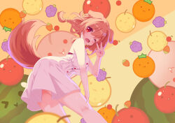 Rule 34 | . ., 1girl, 54hao, :i, ;d, animal ears, apple, ass, bare arms, bare shoulders, bone hair ornament, braid, breasts, brown background, brown hair, cartoon bone, cherry, commentary, dog ears, dog girl, dog tail, dress, food, from side, fruit, grapes, hair between eyes, hair ornament, hand up, highres, hololive, inugami korone, long hair, looking at viewer, looking to the side, low twintails, medium breasts, multicolored hair, one eye closed, open mouth, orange (fruit), parted lips, peach, red apple, red eyes, sleeveless, sleeveless dress, smile, solo, strawberry, suika game, tail, twin braids, twintails, two-tone hair, v, virtual youtuber, watermelon