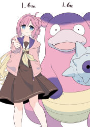 Rule 34 | 1girl, :3, absurdres, anyoji hime, blonde hair, blue eyes, blunt bangs, brown dress, closed mouth, commentary, creatures (company), crossover, dress, feet out of frame, galarian slowbro, game freak, gradient hair, hair intakes, hasu no sora school uniform, height, highres, index finger raised, jacket, link! like! love live!, long hair, long sleeves, looking at viewer, love live!, medium dress, multi-tied hair, multicolored hair, nao (70 pocky), neckerchief, nintendo, open clothes, open jacket, open mouth, pink hair, pink jacket, pleated dress, pointing, pointing at viewer, pokemon, ponytail, sailor collar, sailor dress, school uniform, sidelocks, simple background, swept bangs, very long hair, virtual youtuber, white background, white sailor collar, winter uniform, yellow neckerchief