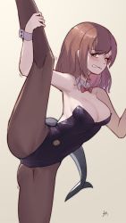 Rule 34 | 1girl, bare shoulders, black pantyhose, blush, bow, bowtie, breasts, brown hair, chinese commentary, clenched teeth, commentary request, detached collar, fins, fish tail, grimace, han (ozrfour), highres, leg lift, leg up, leotard, medium breasts, nanami (virtuareal), nijisanji, one eye closed, pantyhose, playboy bunny, red bow, red bowtie, shark tail, simple background, solo, split, standing, standing on one leg, standing split, strapless, strapless leotard, tail, teeth, virtual youtuber, virtuareal, wing collar, wrist cuffs, yellow eyes
