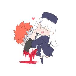 Rule 34 | 1boy, 1girl, ^ ^, ^o^, bad end, bisected, bleeding, blood, blush stickers, boots, chibi, closed eyes, coat, emiya shirou, fate/stay night, fate (series), fur hat, hat, heart, highres, holding, illyasviel von einzbern, kamo 0707, lifting person, missing limb, orange hair, papakha, shaded face, simple background, smile, sweat, white background, white hair, winter clothes