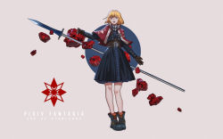 Rule 34 | 1girl, absurdres, baka (mh6516620), blonde hair, blue eyes, blunt bangs, boots, capelet, copyright name, dress, gloves, high collar, highres, looking at viewer, open mouth, pixiv fantasia, pixiv fantasia age of starlight, polearm, short hair, solo, spear, weapon, white background