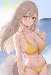 Rule 34 | 1girl, absurdres, bikini, blonde hair, blue archive, blue sky, blush, breasts, cleavage, closed mouth, collarbone, commentary, green eyes, halo, halterneck, hand up, hat, unworn hat, unworn headwear, highres, honome sui, large breasts, long hair, looking at viewer, navel, nonomi (blue archive), nonomi (swimsuit) (blue archive), ocean, official alternate costume, sideboob, sky, solo, stomach, swimsuit, yellow bikini