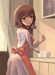 Rule 34 | 1girl, apron, brown eyes, brown hair, curtains, dress, holding, holding ladle, indoors, ladle, long sleeves, looking at viewer, modothirly, original, pot, solo, standing, white dress