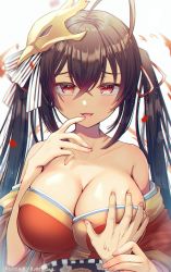 Rule 34 | 1girl, :d, ahoge, assertive female, azur lane, bare shoulders, black hair, blush, grabbing another&#039;s breast, breasts, cleavage, collarbone, commander (azur lane), commentary request, crossed bangs, deep skin, finger to mouth, grabbing, groping, guided breast grab, guiding hand, hair between eyes, hair ornament, hair ribbon, hand up, highres, holding another&#039;s wrist, japanese clothes, kimono, large breasts, long hair, looking at viewer, mask, mask on head, obi, off shoulder, open mouth, partial commentary, pov, pov hands, red eyes, red kimono, ribbon, sash, shindoi akio, sidelocks, simple background, smile, solo focus, standing, sweat, taihou (azur lane), twitter username, upper body, very long hair, white background