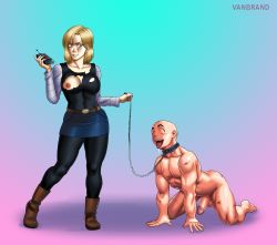 Rule 34 | 1boy, 1girl, all fours, android 18, bald, beaten, blonde hair, blue eyes, boots, breasts, clothed female nude male, collar, controller, dragon ball, dragonball z, femdom, full body, gradient background, highres, kuririn, leash, leggings, looking down, mind break, mind control, muscular, nipples, nude, open mouth, penis, pet play, remote control, saliva, short hair, skirt, slave, standing, tongue, torn clothes, uncensored, vanbrand