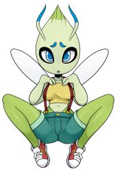 Rule 34 | 1girl, antennae, arttmadness, blue eyes, blue shorts, breasts, celebi, colored skin, creatures (company), crop top, fairy, fairy wings, female focus, full body, furry, furry female, game freak, gen 2 pokemon, green skin, hands on own chest, hands up, highres, legendary pokemon, looking at viewer, medium breasts, midriff, multicolored skin, mythical pokemon, navel, nintendo, open mouth, personification, pokemon, pokemon (creature), shiny skin, shirt, shorts, simple background, sitting, sleeveless, sleeveless shirt, solo, spread legs, suspenders, tank top, two-tone skin, white background, wings, yellow shirt