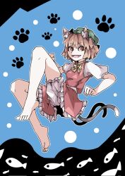 Rule 34 | 1girl, :d, animal ear piercing, animal ears, bare legs, barefoot, bloomers, blue background, breasts, brown eyes, brown hair, cat ears, cat tail, chen, commentary request, earrings, fang, fish background, frills, full body, green hat, hat, highres, jewelry, kataba (user vdek5387), leg up, looking at viewer, mob cap, multiple tails, nekomata, open mouth, paw pose, paw print, paw print background, petticoat, puffy short sleeves, puffy sleeves, red skirt, red vest, short hair, short sleeves, simple background, single earring, skirt, skirt set, slit pupils, small breasts, smile, solo, tail, toes, touhou, two tails, underwear, v-shaped eyebrows, vest