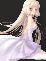 Rule 34 | 1girl, android, black background, blonde hair, blush, breasts, chii, chobits, commentary, dress, english commentary, expressionless, floating hair, from side, kana yukino, long hair, looking at viewer, medium breasts, purple dress, purple eyes, purple thighhighs, robot ears, seiza, sitting, solo, thighhighs, very long hair