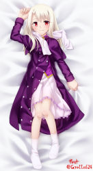 Rule 34 | 1girl, absurdres, ankle socks, arm up, asymmetrical bangs, blush, closed mouth, coat, dakimakura (medium), eyelashes, fate/stay night, fate (series), frilled skirt, frills, from above, full body, gyatto624, highres, illyasviel von einzbern, long hair, long sleeves, looking at viewer, lying, medium skirt, on back, pleated skirt, purple coat, purple shirt, red eyes, scarf, shirt, silver hair, skirt, smile, socks, solo, twitter username, white scarf, white skirt, white socks