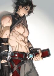 Rule 34 | 1boy, abs, animal ears, bare pectorals, belt, black choker, black gloves, black hair, black tank top, blue eyes, chinese text, choker, clothes in mouth, covered erect nipples, cross scar, earrings, english text, genshin impact, gloves, grey pants, highres, jewelry, large pectorals, looking at viewer, male focus, mouth hold, muscular, muscular male, ngkhyn, no navel, pants, parted lips, pectorals, piercing, scar, scar on arm, scar on chest, scar on hip, scar on neck, scar on stomach, shirt in mouth, short hair, signature, simple background, solo, tank top, teeth, upper teeth only, white background, wriothesley (genshin impact)