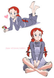 Rule 34 | 1girl, 2girls, anne of green gables, anne shirley, artist request, barefoot, bloomers, blue dress, blue eyes, bow, crossed legs, dress, feet, flower, freckles, hair bow, hair ornament, hand on own face, hands on legs, happy, heart, highres, holding, legs up, long hair, looking at viewer, looking to the side, lying, multiple girls, omosiro, on stomach, red bow, red hair, simple background, sitting, smile, underwear, white background, world masterpiece theater