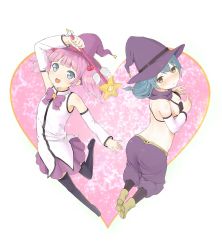 Rule 34 | 2girls, :d, arm up, ass, back, bad id, bad pixiv id, bare back, bare shoulders, black legwear, blue hair, bow, bowtie, breasts, cleavage, cosplay, detached sleeves, furutani himawari, hair bobbles, hair ornament, hat, heart, highres, leg up, looking at viewer, mirakurun, mirakurun (cosplay), multiple girls, open mouth, pink hair, rivalun, rivalun (cosplay), shouin, simple background, small breasts, smile, standing, standing on one leg, thighhighs, twintails, wand, witch hat, yoshikawa chinatsu, yuru yuri, zettai ryouiki