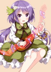 Rule 34 | 1girl, :d, beamed eighth notes, biwa lute, chain, dress, eighth note, flower, frilled dress, frills, hair flower, hair ornament, highres, instrument, leaf, long hair, long sleeves, looking at viewer, lute (instrument), music, musical note, open mouth, playing instrument, purple eyes, purple hair, quarter note, ruu (tksymkw), shirt, simple background, smile, solo, star (symbol), touhou, tsukumo benben, white flower, yellow background, yellow shirt