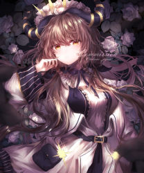 Rule 34 | 1girl, absurdres, bad id, bad pixiv id, black ribbon, blurry, blurry foreground, brown hair, commission, dress, floating hair, flower, highres, horns, long hair, long sleeves, looking at viewer, neck ribbon, original, parted lips, ribbon, rose, slit pupils, solo, sparkle, standing, takano jiyuu, twitter username, very long hair, watermark, white flower, white rose, yellow eyes