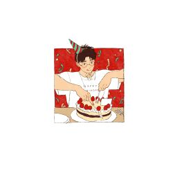 Rule 34 | 1boy, brown hair, cake, chengongzi123, closed mouth, confetti, cutting, english text, food, fork, hands up, happy birthday, hat, highres, holding, holding fork, holding knife, knife, kogure kiminobu, licking lips, looking at food, male focus, party hat, plate, red background, short hair, simple background, slam dunk (series), tongue, tongue out, upper body, very short hair