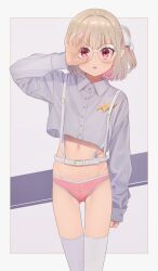 Rule 34 | 1girl, blush, chest harness, collared shirt, cropped shirt, glasses, grey hair, hair ribbon, harness, highres, looking at viewer, makaino ririmu, multicolored hair, navel, nijisanji, no pants, ok sign, ok sign over eye, one side up, panties, parted lips, pink hair, pink panties, pointy ears, red eyes, ribbon, round eyewear, sabamen, shirt, short hair, solo, thighhighs, two-tone hair, underwear, virtual youtuber, white thighhighs