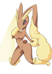 Rule 34 | 1girl, animal ears, black sclera, blush, breasts, colored sclera, creatures (company), female focus, full body, furry, furry female, game freak, gen 4 pokemon, half-closed eyes, hand on own chest, hand up, kneeling, looking at viewer, lopunny, medium breasts, nayuta takumi, nintendo, no humans, pink eyes, pokemon, pokemon (creature), rabbit ears, rabbit tail, simple background, smile, solo, tail, white background