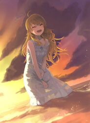 Rule 34 | 1girl, absurdres, ahoge, bare shoulders, blonde hair, blush, bow, breasts, closed eyes, cloud, collarbone, dress, epitaph (1122), gradient sky, highres, horizon, hoshii miki, idolmaster, idolmaster (classic), idolmaster million live!, idolmaster million live! theater days, large breasts, long hair, ocean, open mouth, outdoors, ribbon-trimmed dress, sky, sleeveless, sleeveless dress, smile, solo, strap slip, teeth, upper teeth only, v arms, wading, waist bow, wet, white bow, white dress, white wristband