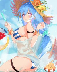 Rule 34 | 1girl, :o, ahoge, arm strap, ass, azur lane, ball, bare shoulders, beachball, bikini, bird, blue hair, breasts, chick, flower, food, from side, hair ornament, hair scrunchie, hands up, hat, hat flower, helena (azur lane), highres, holding, long hair, looking at viewer, looking back, low-tied long hair, manjuu (azur lane), medium breasts, off shoulder, open mouth, popsicle, purple eyes, scrunchie, see-through, skindentation, solo, straw hat, string bikini, striped bikini, striped clothes, swimsuit, thigh strap, thighs, vayneeeee, water, wrist scrunchie