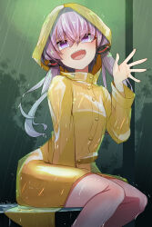 Rule 34 | 1girl, :d, blue eyes, blush, feet out of frame, flat chest, highres, hood, hood up, long sleeves, looking at viewer, naked raincoat, nipples, open mouth, outdoors, pon (shind 997), rain, raincoat, see-through, short hair with long locks, sitting, smile, solo, transparent raincoat, vocaloid, voiceroid, water, waving, yuzuki yukari