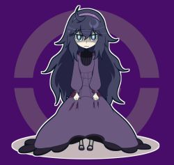 Rule 34 | 1girl, age regression, aged down, ahoge, black hair, creatures (company), dress, game freak, hairband, hex maniac (pokemon), legs, liczka, long hair, nintendo, npc trainer, open mouth, oversized clothes, pale skin, pokemon, pokemon xy, purple eyes, purple hair, ribbed sweater, shoes, simple background, skirt, solo, sweater, very long hair