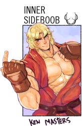 Rule 34 | 1boy, abs, bara, bare pectorals, beckoning, blonde hair, bulge, character name, dougi, english text, facial hair, forked eyebrows, highres, ken masters, large pectorals, male focus, male pubic hair, mature male, meme, messy hair, multiple drawing challenge, muscular, muscular male, navel, navel hair, nipple slip, nipples, pectoral cleavage, pectorals, pubic hair, robokeh, shirt cut meme, short hair, sideburns, sidepec, solo, stomach, street fighter, street fighter ii (series), stubble, thick thighs, thighs, undressing