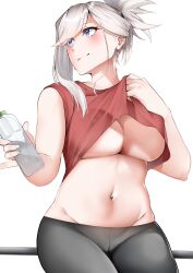 Rule 34 | 1girl, absurdres, bare shoulders, black pants, blue eyes, blush, breasts, clothes lift, fate/grand order, fate (series), grey hair, highres, large breasts, len (hand linke), long hair, looking to the side, miyamoto musashi (fate), navel, pants, ponytail, red tank top, solo, swept bangs, tank top, underboob