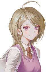Rule 34 | 1girl, absurdres, ahoge, akamatsu kaede, backpack, bag, blonde hair, breasts, commentary request, danganronpa (series), danganronpa v3: killing harmony, eighth note, fortissimo, hair ornament, highres, looking at viewer, medium breasts, migumi, musical note, musical note hair ornament, necktie, parted lips, purple eyes, school uniform, shirt, simple background, smile, solo, sweater vest, upper body, white background