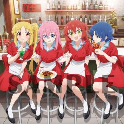 Rule 34 | 4girls, ahoge, apron, blonde hair, blue eyes, blue hair, bocchi the rock!, commentary request, cube hair ornament, diner, drinking straw, food, gotoh hitori, hair between eyes, hair ornament, holding, holding food, holding pizza, ijichi nijika, kita ikuyo, looking at viewer, mole, mole under eye, multiple girls, official art, parted bangs, pasta, pink hair, pizza, red eyes, red hair, sample watermark, short hair, side ponytail, soda, spaghetti, toubun14, waitress, watermark, yamada ryo, yellow eyes