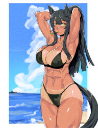 Rule 34 | 1girl, absurdres, alternate costume, animal ears, armpits, arms up, bandaid, bandaid on face, bandaid on nose, beach, bikini, black bikini, black hair, blue sky, blush, border, breasts, cleavage, closed mouth, cloud, cloudy sky, collarbone, commentary, cowboy shot, ear ornament, hair between eyes, highres, horse ears, horse girl, horse tail, large breasts, long hair, looking at viewer, minew, mouth hold, muscular, muscular female, narita brian (umamusume), navel, ocean, outdoors, outside border, ponytail, sand, sky, solo, stalk in mouth, swimsuit, tail, tan, tanline, umamusume, water, white border, yellow eyes