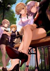 Rule 34 | 4girls, absurdres, ahoge, artoria pendragon (all), artoria pendragon (fate), bag, belt, blonde hair, blue eyes, blue sky, bow, braid, braided bun, breasts, chair, closed mouth, crossed arms, crossed legs, day, dress, fate/apocrypha, fate/grand order, fate/stay night, fate (series), green eyes, hair between eyes, hair bow, hair bun, high heels, highres, jacket, jeanne d&#039;arc (fate), jeanne d&#039;arc (ruler) (fate), jeanne d&#039;arc alter (avenger) (fate), jeanne d&#039;arc alter (fate), jewelry, large breasts, leaning forward, long hair, long sleeves, looking at viewer, mashuu (neko no oyashiro), medium breasts, multiple girls, necklace, outdoors, saber (fate), saber alter, scan, short hair, shorts, silver hair, simple background, single braid, sitting, skirt, sky, sleeveless, sleeveless dress, smile, table, thighs, tree, yellow eyes