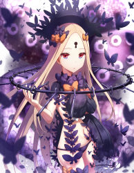 Rule 34 | 1girl, abigail williams (fate), abigail williams (second ascension) (fate), black bow, black dress, black hat, blonde hair, bow, bug, butterfly, commentary request, cowboy shot, dissolving clothes, dress, fate/grand order, fate (series), forehead, hair bow, hand up, hat, highres, hugging object, insect, key, keyhole, long hair, long sleeves, looking at viewer, navel, orange bow, panties, parted bangs, parted lips, polka dot, polka dot bow, purple panties, red eyes, sakaokasan, sleeves past fingers, sleeves past wrists, solo, stuffed animal, stuffed toy, teddy bear, tentacles, underwear, very long hair