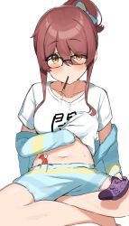 Rule 34 | 1girl, absurdres, blush, bow, clothes writing, collarbone, controller, food, food in mouth, game controller, glasses, hair between eyes, hair bow, hair intakes, hand under clothes, hand under shirt, highres, holding, holding controller, holding game controller, hood, hoodie, idolmaster, idolmaster shiny colors, looking at viewer, loungewear, midriff, navel, osaki tenka, pocky, pocky in mouth, ponytail, shirt, short shorts, short sleeves, shorts, sidelocks, solo, striped clothes, striped hoodie, striped shorts, t-shirt, wanimaru, white shirt