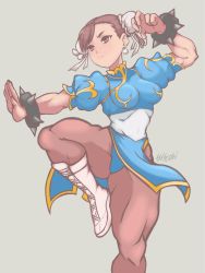 Rule 34 | 1girl, asdfcobi, boots, bracelet, breasts, brown eyes, brown hair, brown pantyhose, capcom, chinese clothes, chun-li, closed mouth, double bun, earrings, grey background, hair bun, highres, jewelry, matching hair/eyes, medium breasts, pantyhose, puffy short sleeves, puffy sleeves, short sleeves, simple background, solo, spiked bracelet, spikes, standing, standing on one leg, street fighter, white footwear