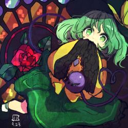 Rule 34 | 1girl, black hat, blouse, buttons, covering own mouth, dated, diamond button, flower, foot out of frame, frilled sleeves, frills, green eyes, green hair, green skirt, hands up, hat, hat ribbon, heart, heart of string, komeiji koishi, leaf, long sleeves, looking at viewer, maaru (akira428), medium hair, one-hour drawing challenge, red flower, red rose, ribbon, rose, shirt, signature, skirt, sleeves past fingers, sleeves past wrists, solo, third eye, touhou, wide sleeves, yellow ribbon, yellow shirt