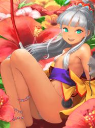 Rule 34 | 1girl, absurdres, anklet, aqua eyes, bad id, bad twitter id, barefoot, bow (weapon), breasts, dark-skinned female, dark skin, detached sleeves, flower, highres, jewelry, long hair, looking at viewer, mini person, minigirl, navel, obi, open mouth, oshiro project:re, oshiro project:re, ponytail, reclining, sara manta, sash, silver hair, small breasts, smile, solo, urasoe (oshiro project), weapon, wide sleeves