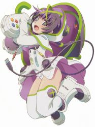 Rule 34 | 1girl, boots, cable, controller, fang, game console, game controller, gamepad, microsoft, open mouth, personification, product girl, purple eyes, purple hair, rca connector, short hair, solo, thighhighs, umbrella, watanabe akio, xbox, xbox 360, xbox 360-tan
