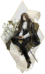 Rule 34 | 1girl, ascot, black pants, black vest, blouse, brooch, brown hair, closed mouth, coat, coat on shoulders, dias (the distortion detective), earrings, frilled ascot, frilled sleeves, frills, highres, holding, jewelry, long hair, long sleeves, music box, nishikujic, pants, project moon, red eyes, scepter, shirt, sitting, smile, solo, the distortion detective, vest, white ascot, white shirt, yellow brooch