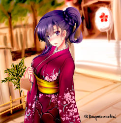 Rule 34 | 1girl, asymmetrical hair, blurry, blush, braid, breasts, cowboy shot, depth of field, ema, floral print, furisode, happy new year, highres, japanese clothes, kimono, kimura shuuichi, large breasts, long sleeves, looking at viewer, new year, nose blush, obi, original, parted lips, purple eyes, purple hair, sash, side ponytail, sidelocks, solo, twitter username, wide sleeves